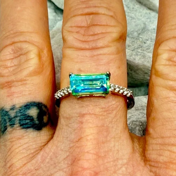 Peacock Quartz Emerald Cut Ring 1.4CTW Platinum Over 925 Sz 10 - Picture 11 of 17